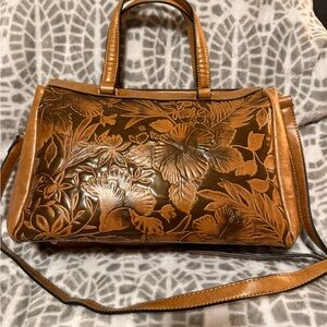 Embossed Floral Brown Leather Shoulder Bag